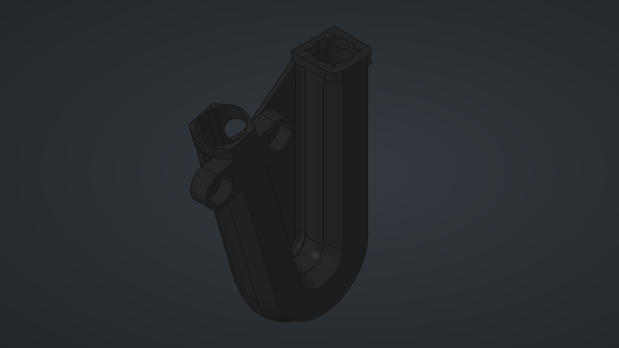 Modèle 3D du système complet sous FreeCAD : canal coudé, support du ventilateur et support des rouleaux