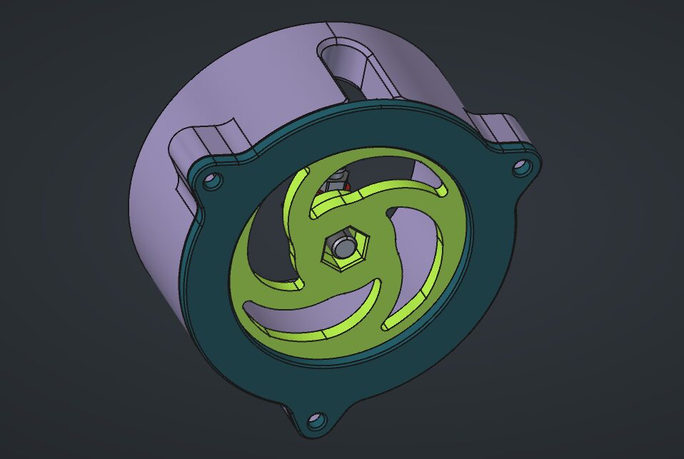Modèle FreeCAD vu de dessous : les branches en spirale de la pièce souple
