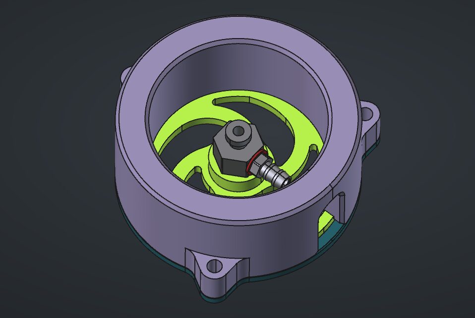 Modèle FreeCAD vu de dessus : la couronne, la pièce souple et le raccord de la ventouse
