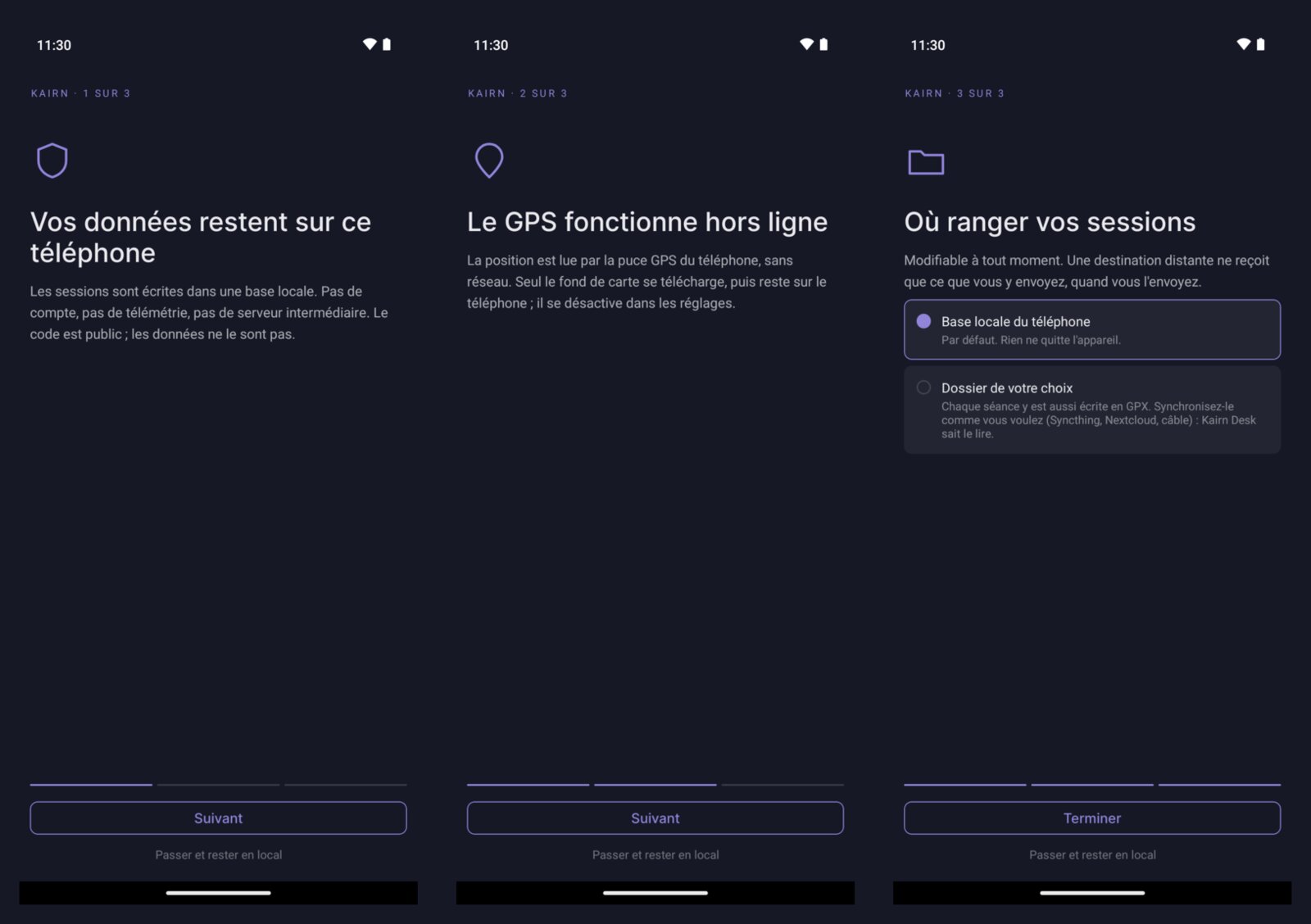 Les trois écrans de bienvenue de Kairn
