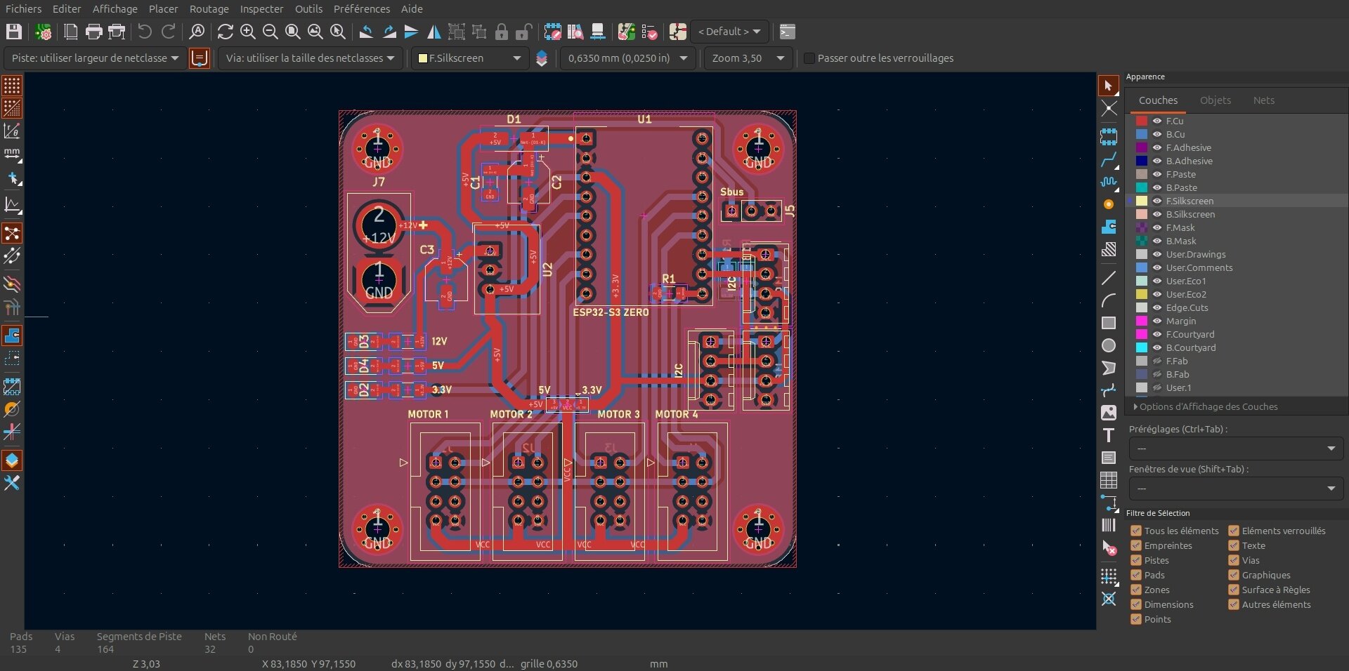 Routage de la carte sous KiCad : ESP32-S3 Zero, régulateur, quatre connecteurs moteur