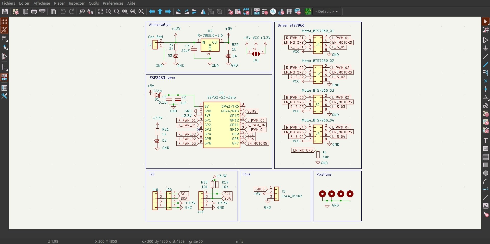 Schéma KiCad : alimentation, ESP32-S3 Zero, quatre drivers BTS7960, I2C, Sbus, fixations