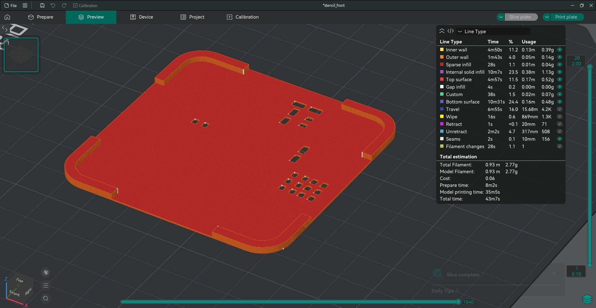 Tranchage du pochoir : couches de 0,1 mm, 43 min, 2,77 g de filament