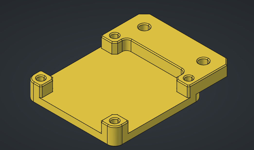Modèle FreeCAD du support : plateau avec quatre plots pour la carte et une partie surélevée percée de trous fraisés